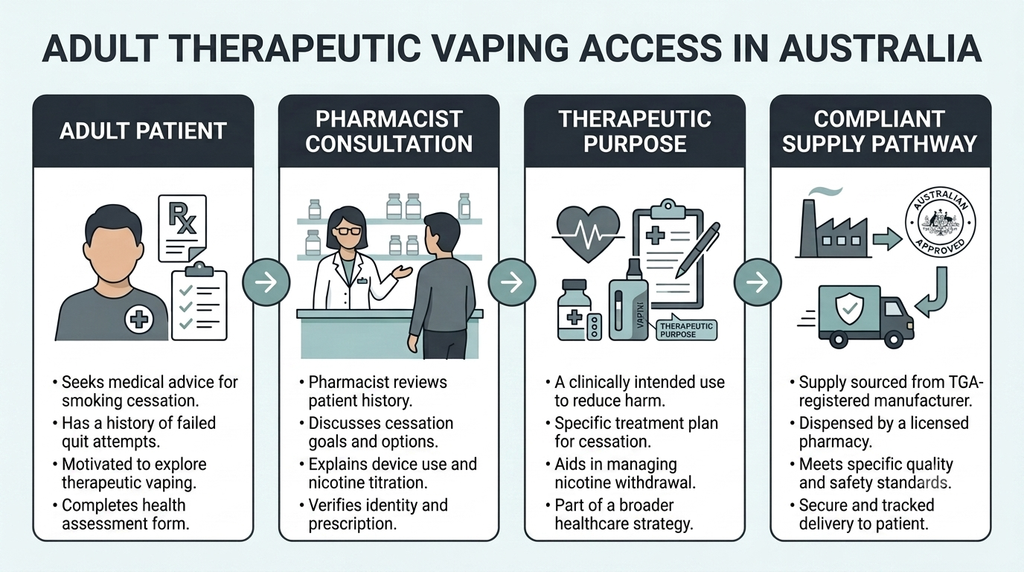 Adult therapeutic vaping access in Australia: adult patient, pharmacist consultation, therapeutic purpose, compliant supply pathway