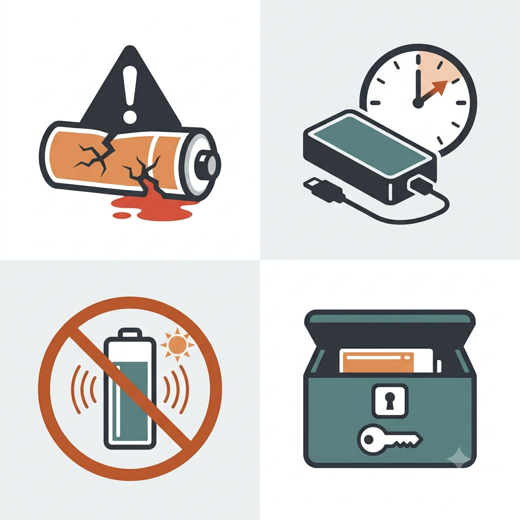 Vape battery safety reminders including avoiding damage, heat and overnight charging