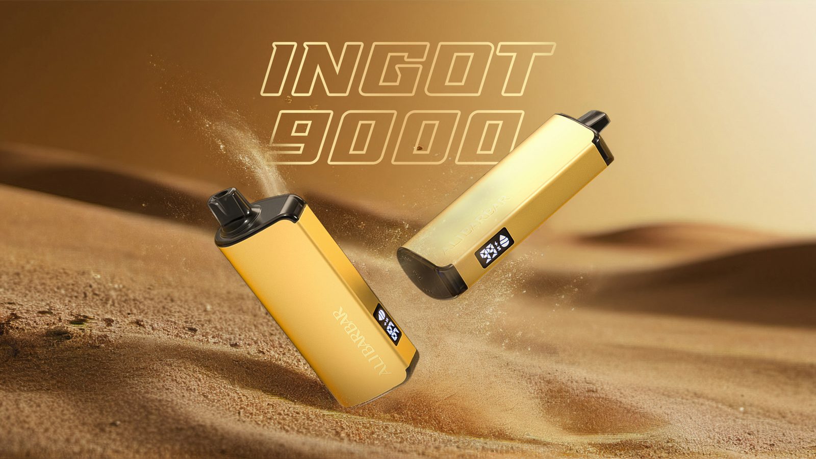Studio product shot of ALIBARBAR INGOT 9000 gold ingot disposable vape